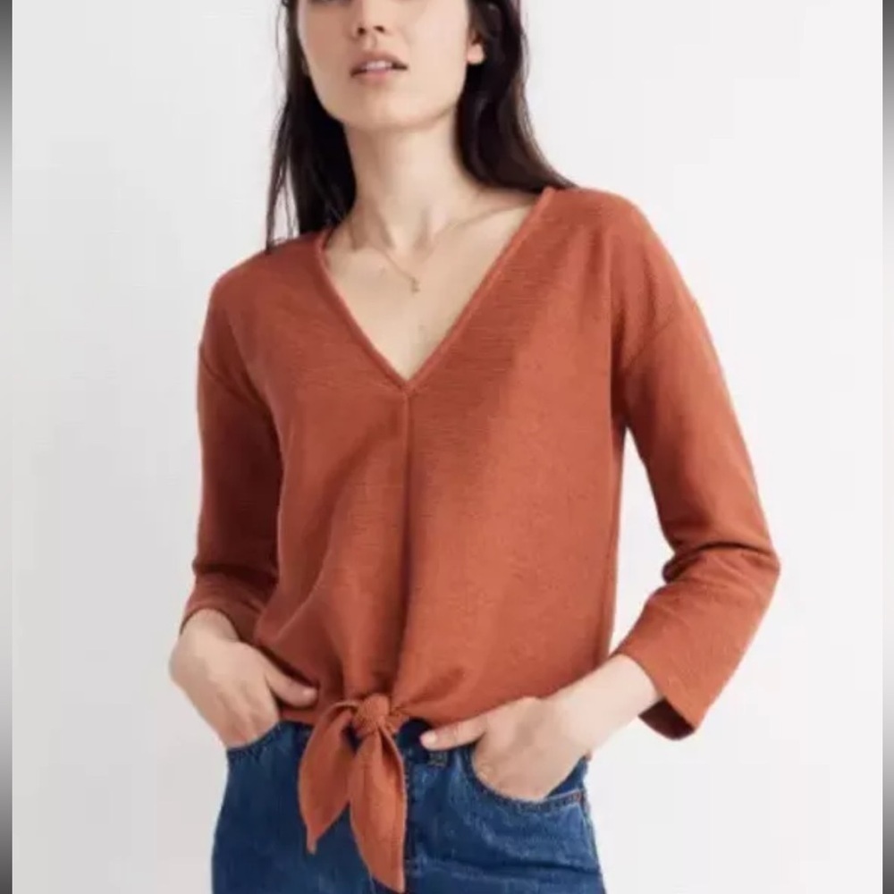 Texture & Thread Madewell Women Sz L Sweatshirt Burnt Orange Front Tie V Neck